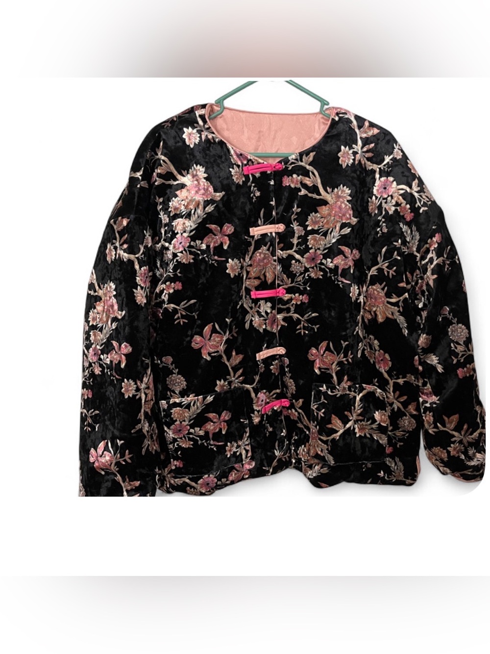 Reversible Floral Velvet Padded Jacket - Black with Pink Trim